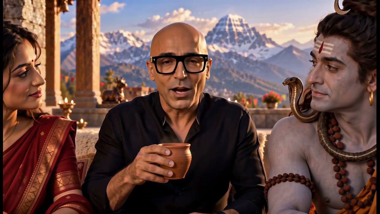 Shiva, Parvati and the guru at tea on the mountain