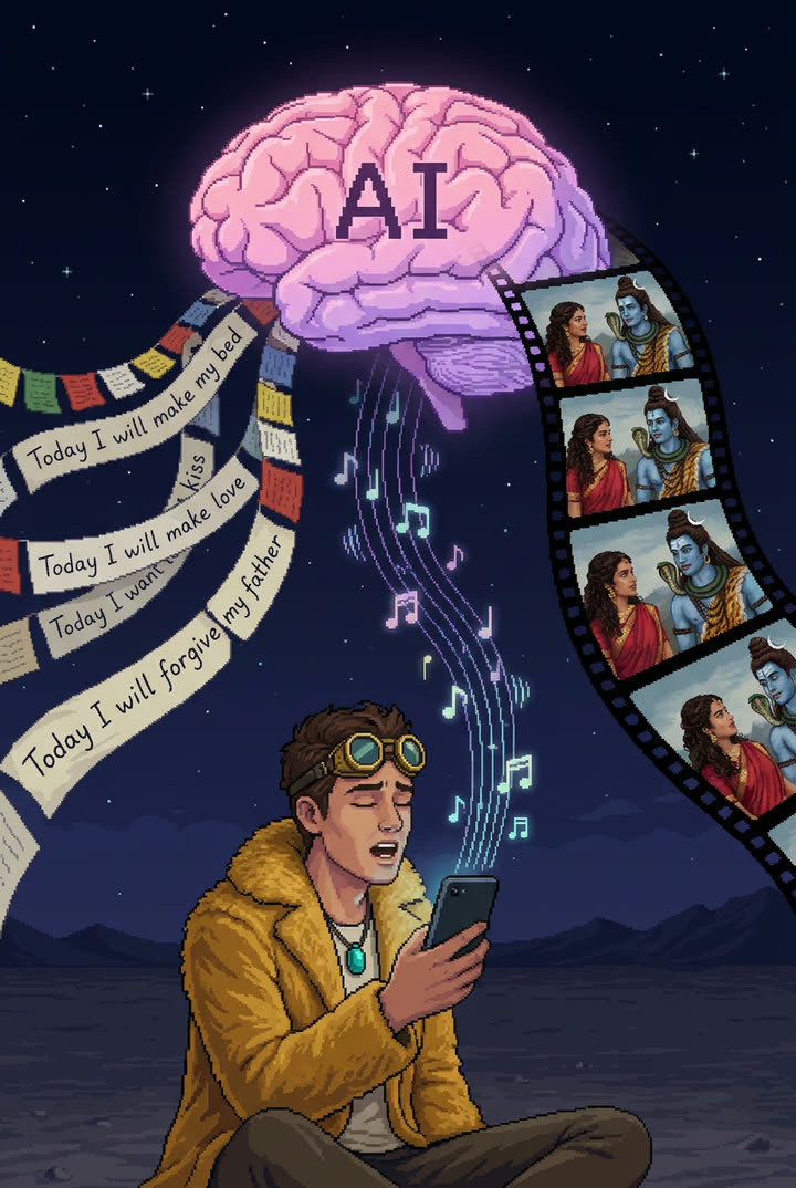 An AI brain in the night sky; diary lines, the gods' film strip and a sung song flow into it