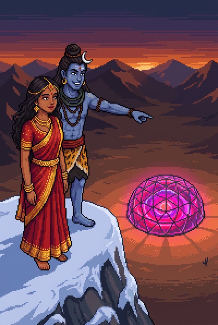 Shiva grins and points at a glowing pink dome far below on the playa