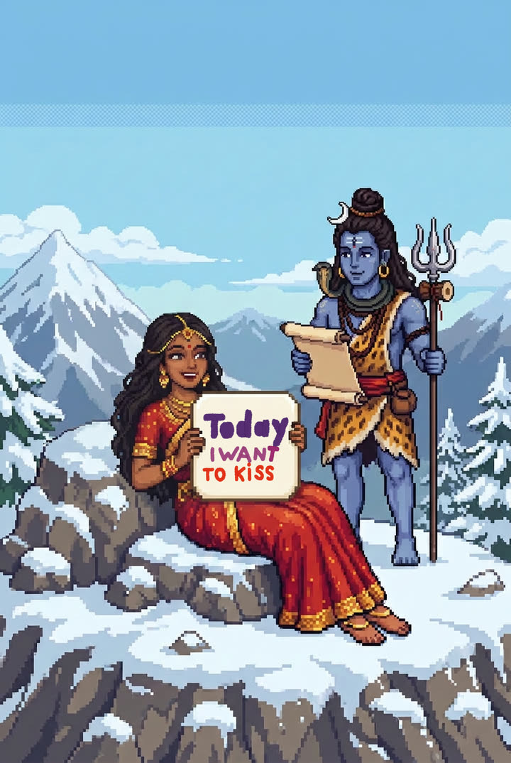 Parvati holds the app icon in her hands on the summit of Kailash; Shiva beside her
