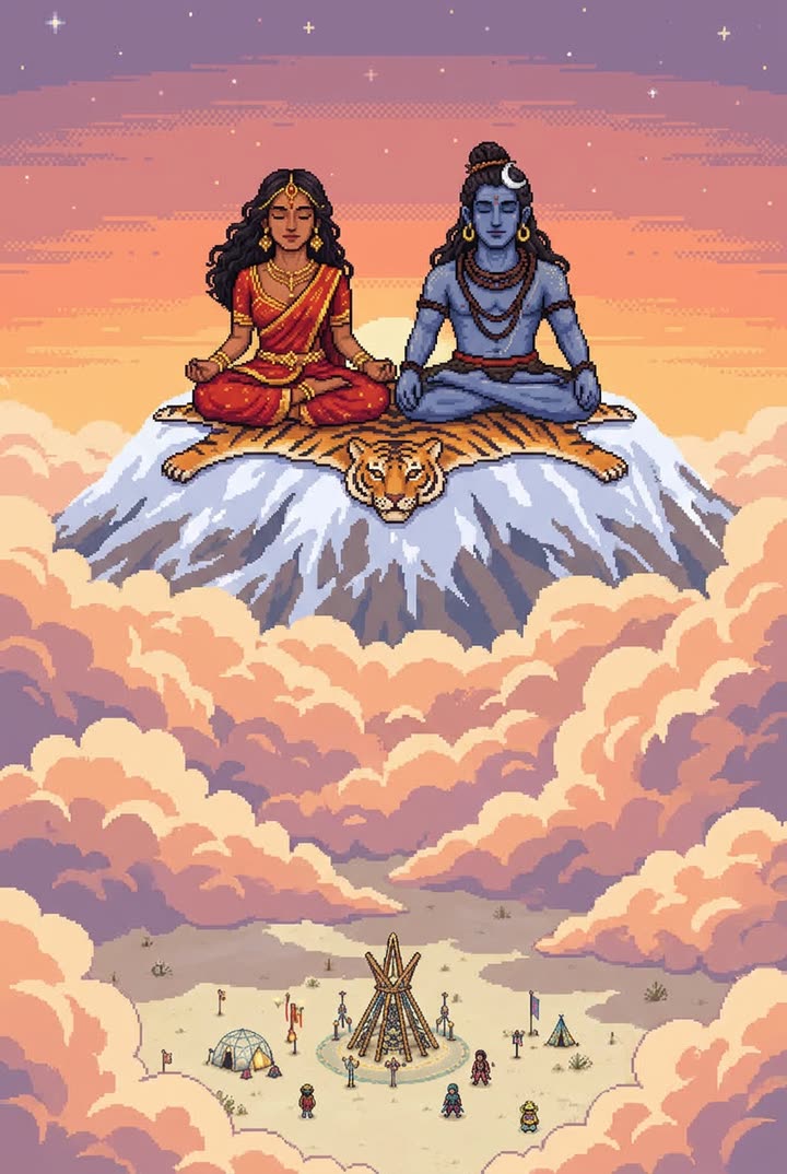 Shiva and Parvati sit on the snowy summit of Kailash above the clouds