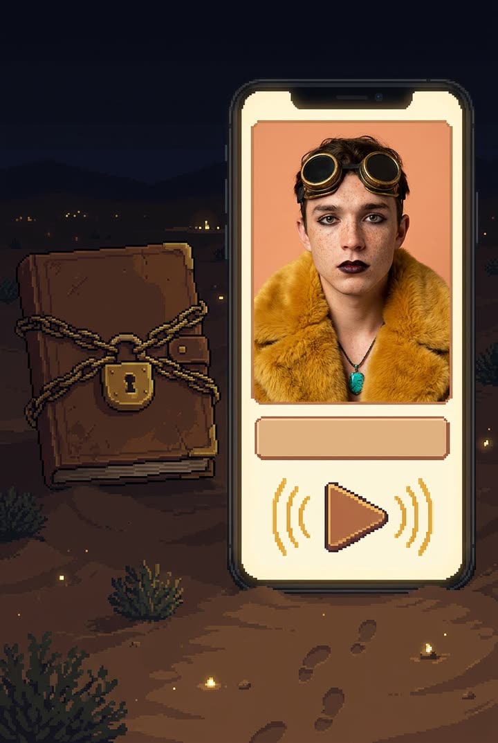 A diary locked with a padlock next to a phone that shows only a portrait and a play button