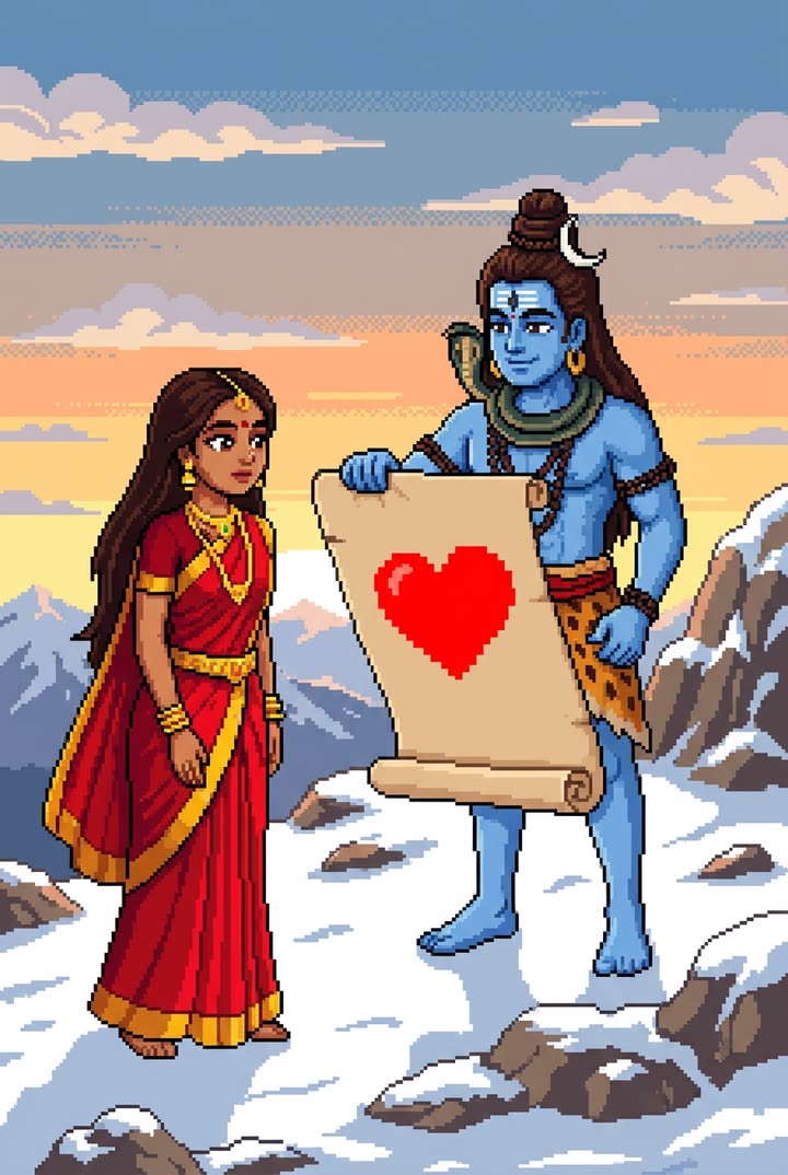 Shiva proudly unrolls a scroll with a heart on it