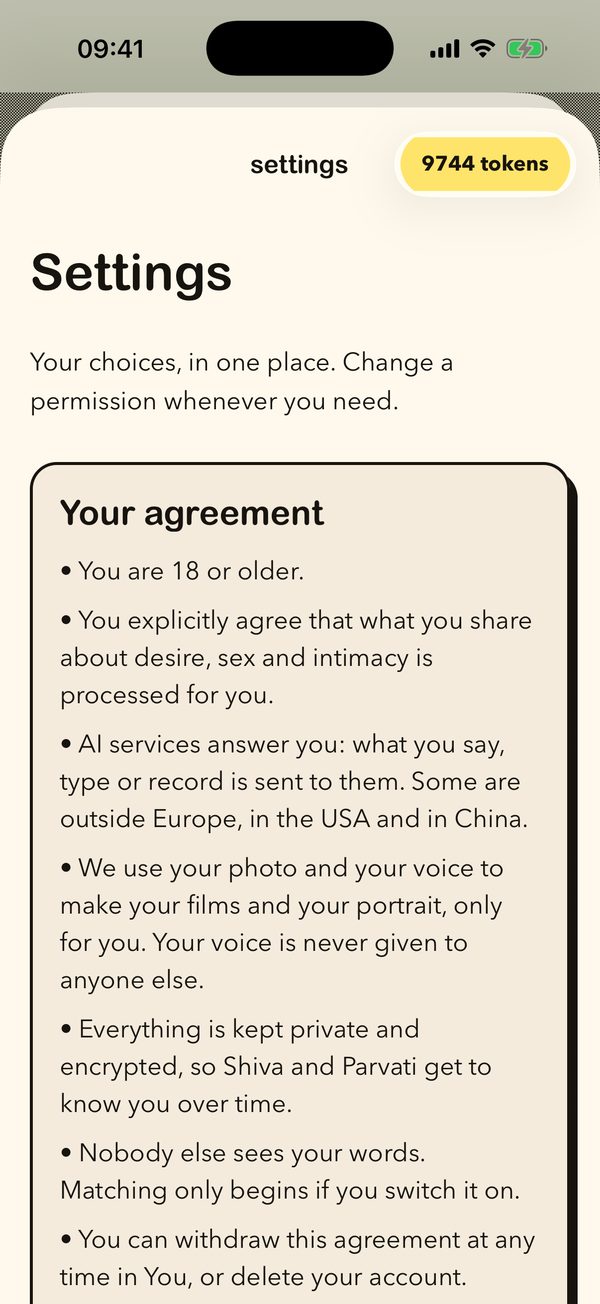 The settings screen: your agreement in plain words