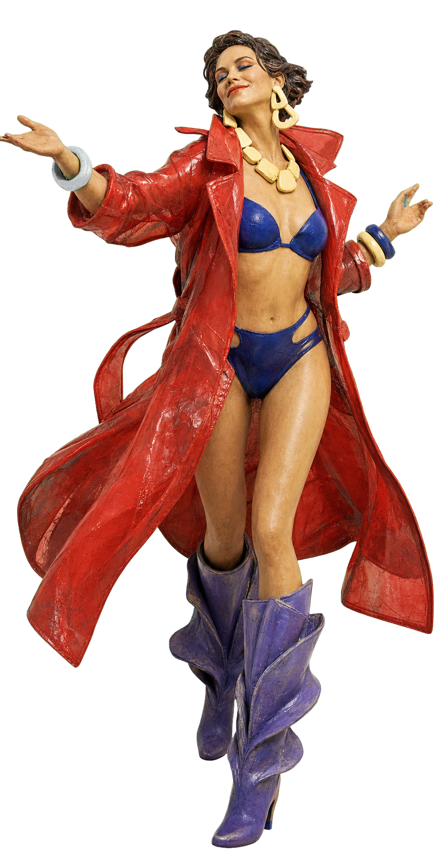 A woman in a red translucent coat dances with joyful abandon