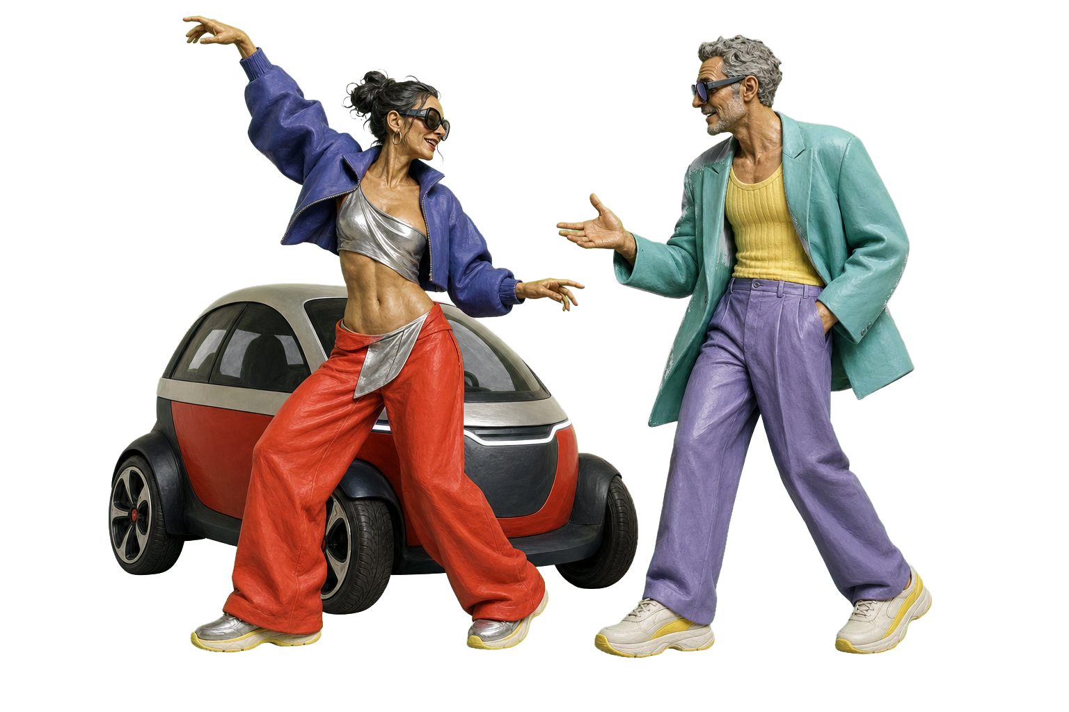 Two contemporary adults meet beside a small electric car, one dancing and one reaching out to help