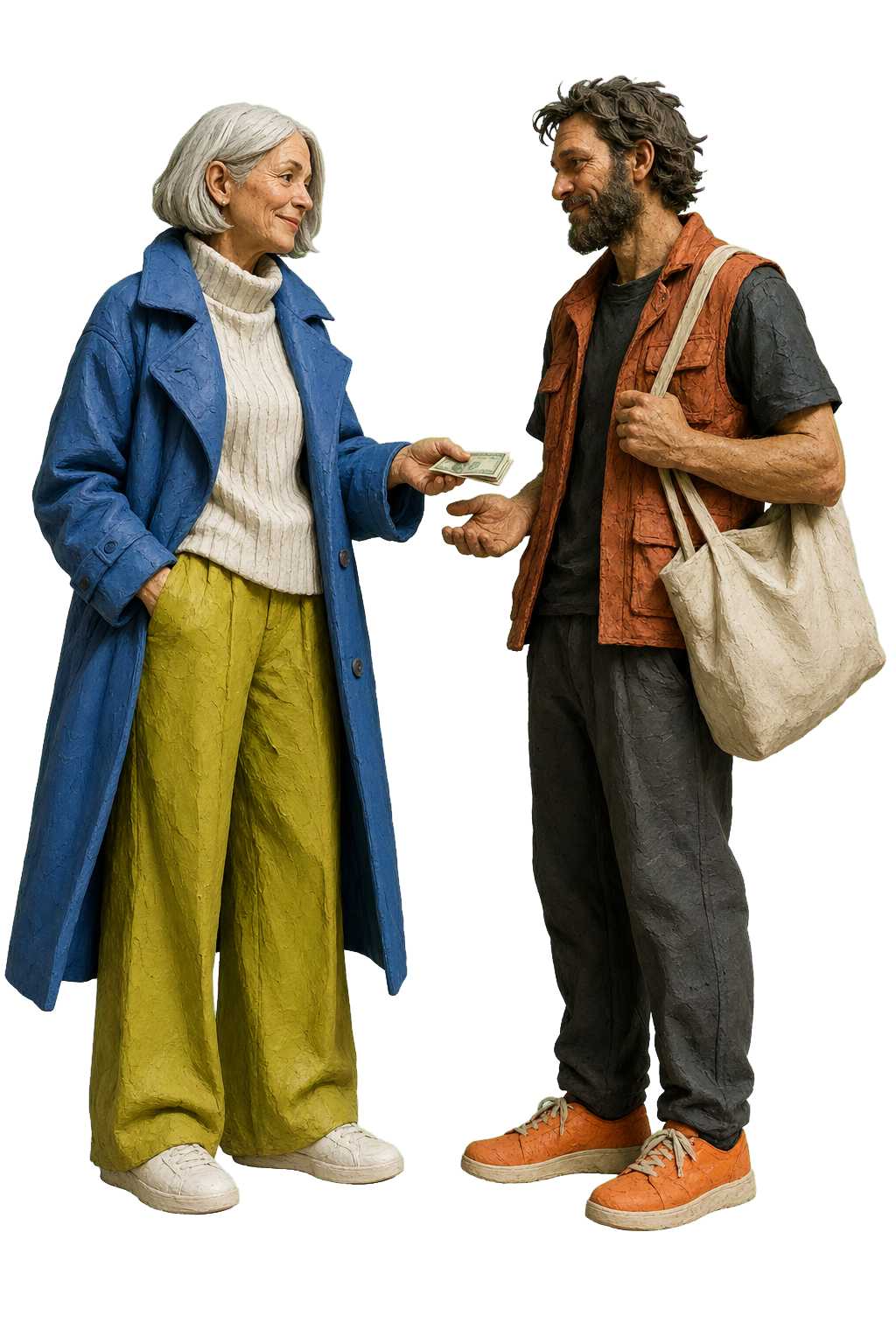 An older woman offers money to a man with a canvas tote, both meeting each other with dignity