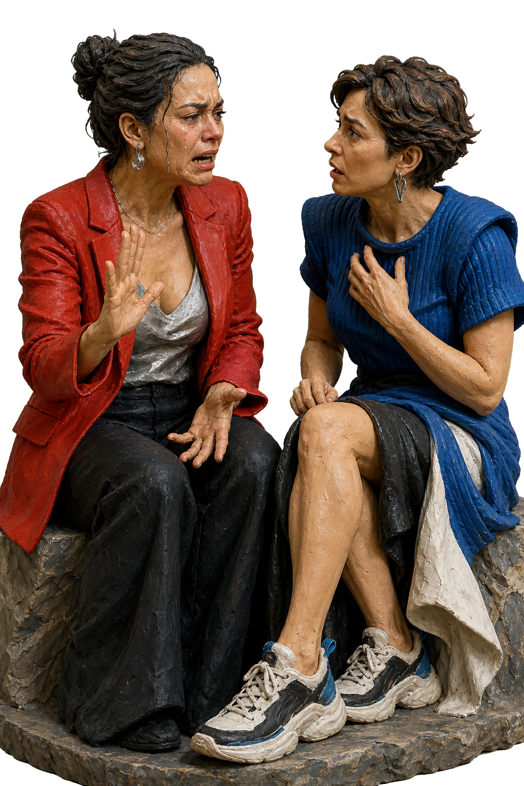 A crying woman shows anger while another woman listens with care